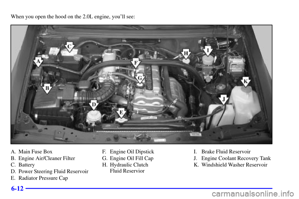 CHEVROLET TRACKER 2001 2.G Owners Manual 6-12
When you open the hood on the 2.0L engine, youll see:
A. Main Fuse Box
B. Engine Air/Cleaner Filter
C. Battery
D. Power Steering Fluid Reservoir
E. Radiator Pressure CapF. Engine Oil Dipstick
G. CHEVROLET TRACKER 2001 2.G Owners Manual 6-12
When you open the hood on the 2.0L engine, youll see:
A. Main Fuse Box
B. Engine Air/Cleaner Filter
C. Battery
D. Power Steering Fluid Reservoir
E. Radiator Pressure CapF. Engine Oil Dipstick
G.