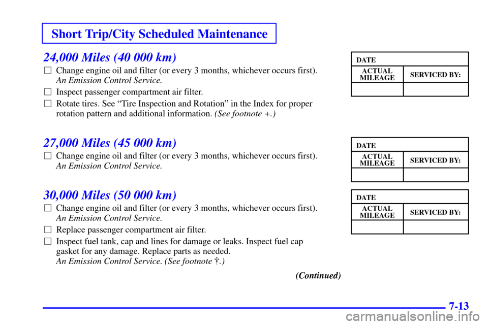 CHEVROLET TRACKER 2001 2.G Owners Manual Short Trip/City Scheduled Maintenance
7-13
24,000 Miles (40 000 km)
Change engine oil and filter (or every 3 months, whichever occurs first). 
An Emission Control Service. 
Inspect passenger compart