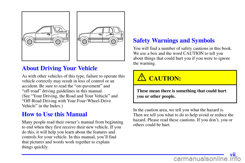 CHEVROLET TRACKER 2001 2.G Owners Manual vii
About Driving Your  Vehicle
CAUTION:
These mean the re is something that could hurt
In the caution area, we tell you what the hazard is.  