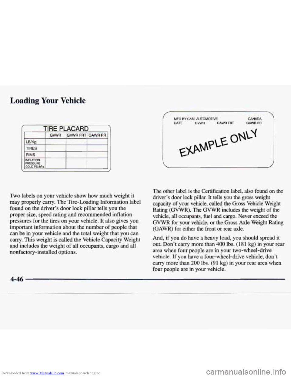 CHEVROLET TRACKER 1998 1.G Owners Manual Downloaded from www.Manualslib.com manuals search engine Loading Your Vehicle 
TIRES 
RIMS 
MFD BY CAM1  AUTOMOTIVE 
I DATE CANADA 
GVWR  GAWR FRT GAWR RR 
Two  labels  on  your  vehicle  show  how  m