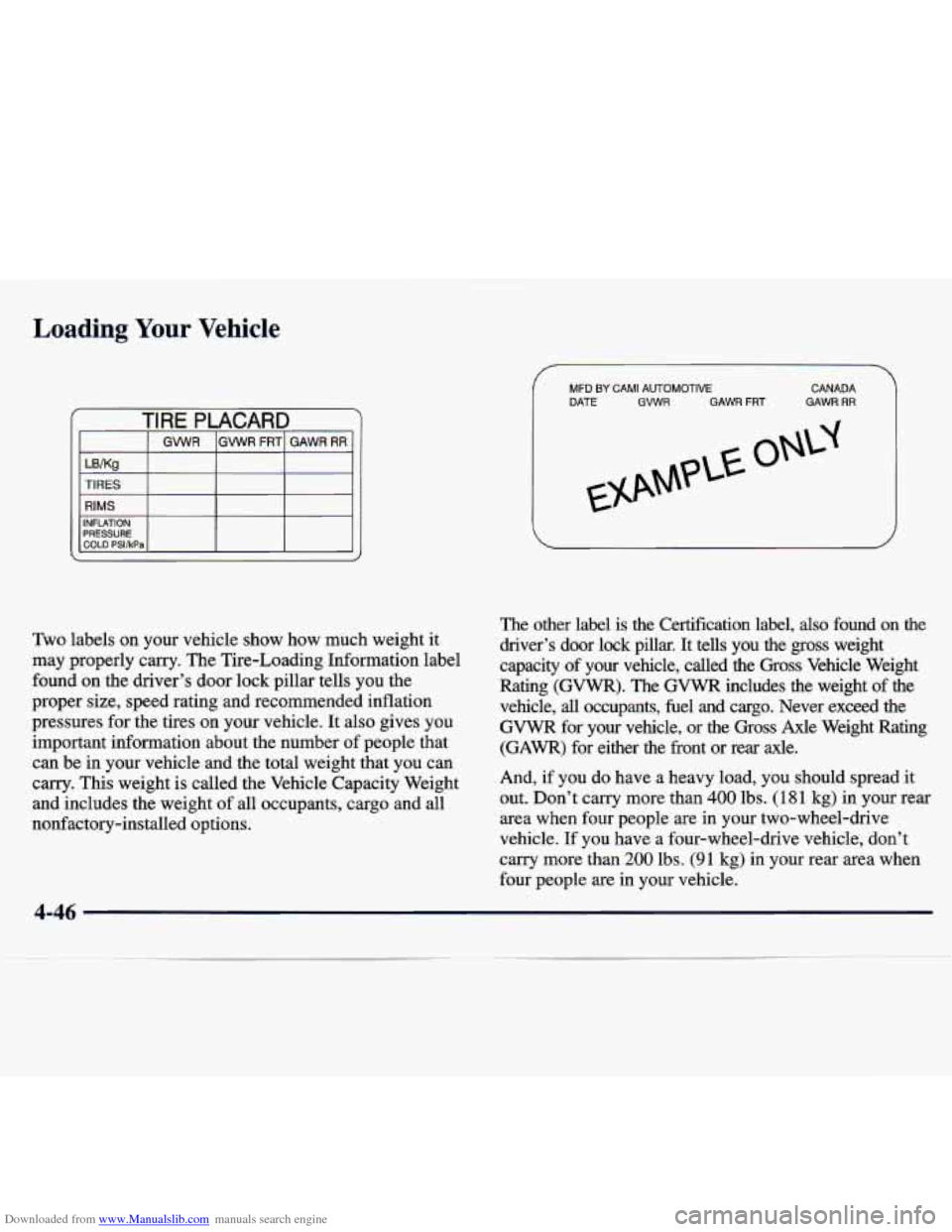CHEVROLET TRACKER 1998 1.G Owners Manual Downloaded from www.Manualslib.com manuals search engine Loading Your Vehicle
TIRES
RIMS
MFD BY CAM1 AUTOMOTIVE
I DATE CANADA
GVWR GAWR FRT GAWR RR
Two labels on your vehicle show how m CHEVROLET TRACKER 1998 1.G Owners Manual Downloaded from www.Manualslib.com manuals search engine Loading Your Vehicle
TIRES
RIMS
MFD BY CAM1 AUTOMOTIVE
I DATE CANADA
GVWR GAWR FRT GAWR RR
Two labels on your vehicle show how m