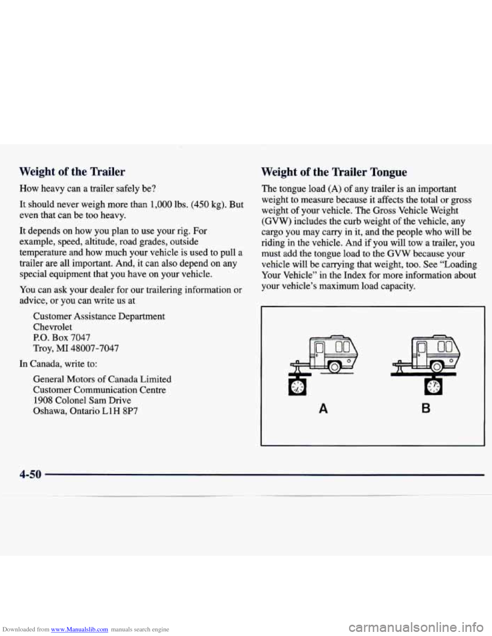 CHEVROLET TRACKER 1998 1.G Owners Manual Downloaded from www.Manualslib.com manuals search engine Weight of the Trailer
How heavy can a trailer safely be?
It should never weigh more than
1,000 lbs. (450 kg). But
even that CHEVROLET TRACKER 1998 1.G Owners Manual Downloaded from www.Manualslib.com manuals search engine Weight of the Trailer
How heavy can a trailer safely be?
It should never weigh more than
1,000 lbs. (450 kg). But
even that