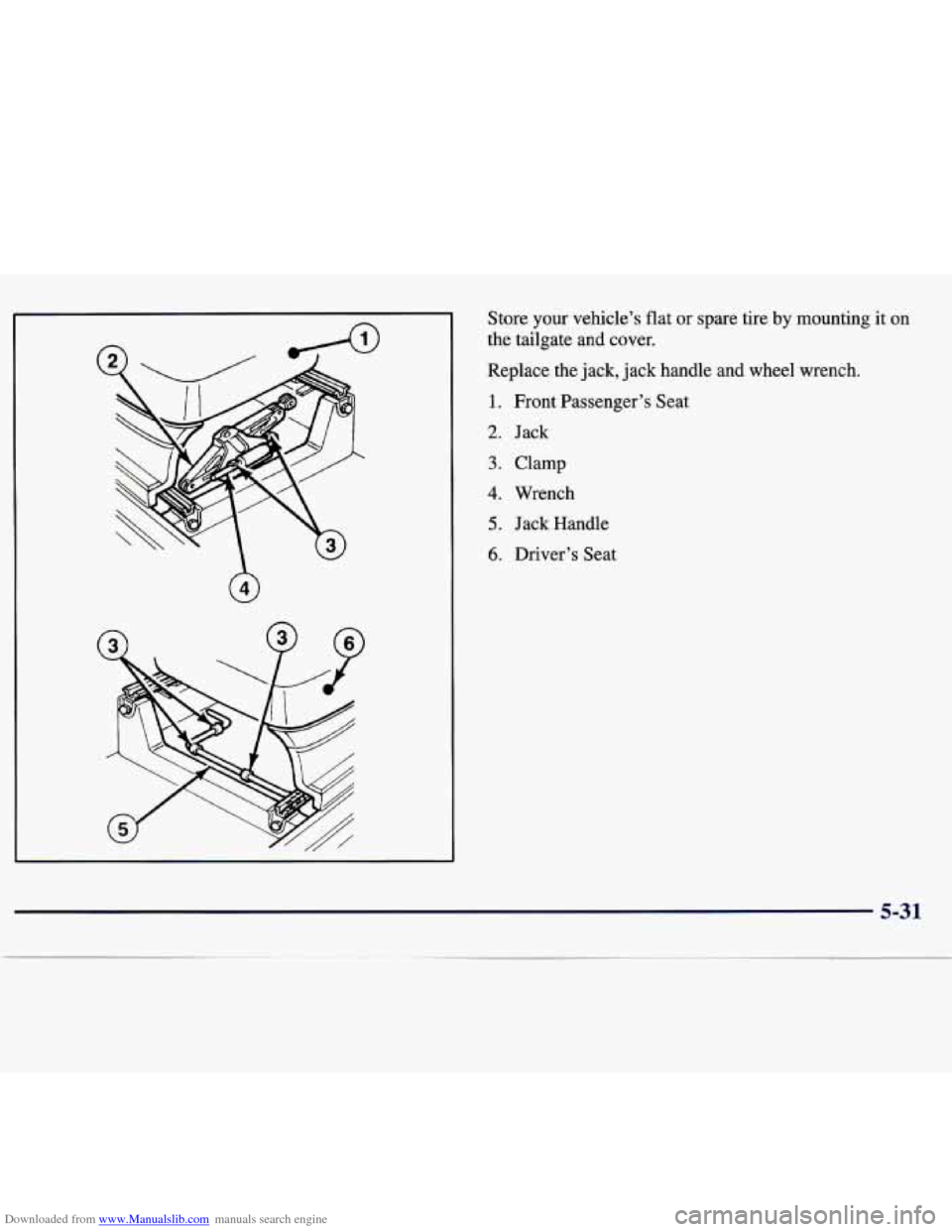 CHEVROLET TRACKER 1998 1.G Owners Manual Downloaded from www.Manualslib.com manuals search engine Store your vehicle’s flat or spare tire by mounting it on
the tailgate and cover.
Replace the jack, jack handle and wheel wren CHEVROLET TRACKER 1998 1.G Owners Manual Downloaded from www.Manualslib.com manuals search engine Store your vehicle’s flat or spare tire by mounting it on
the tailgate and cover.
Replace the jack, jack handle and wheel wren