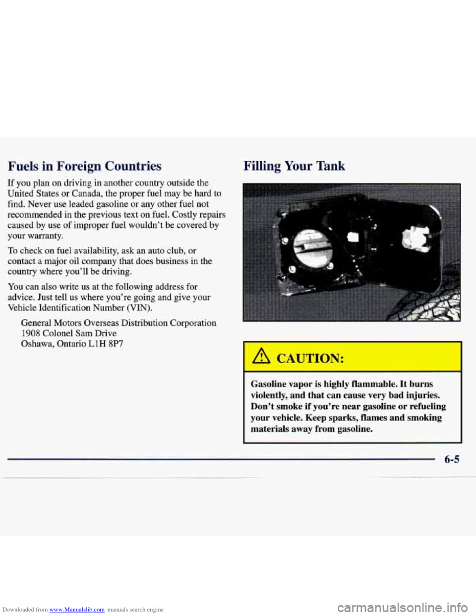CHEVROLET TRACKER 1998 1.G Owners Manual Downloaded from www.Manualslib.com manuals search engine Fuels in Foreign  Countries 
If you  plan  on  driving  in another  country  outside  the 
United  States  or  Canada,  the proper  fuel may  b