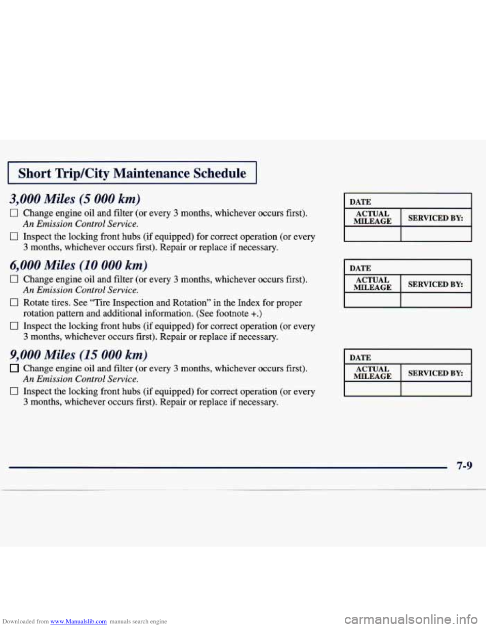 CHEVROLET TRACKER 1998 1.G Owners Manual Downloaded from www.Manualslib.com manuals search engine I Short TripKity Maintenance Schedule I
3,000 Miles (5 000 km)
0 Change engine oil and filter (or every 3 months, whichever occurs f CHEVROLET TRACKER 1998 1.G Owners Manual Downloaded from www.Manualslib.com manuals search engine I Short TripKity Maintenance Schedule I
3,000 Miles (5 000 km)
0 Change engine oil and filter (or every 3 months, whichever occurs f