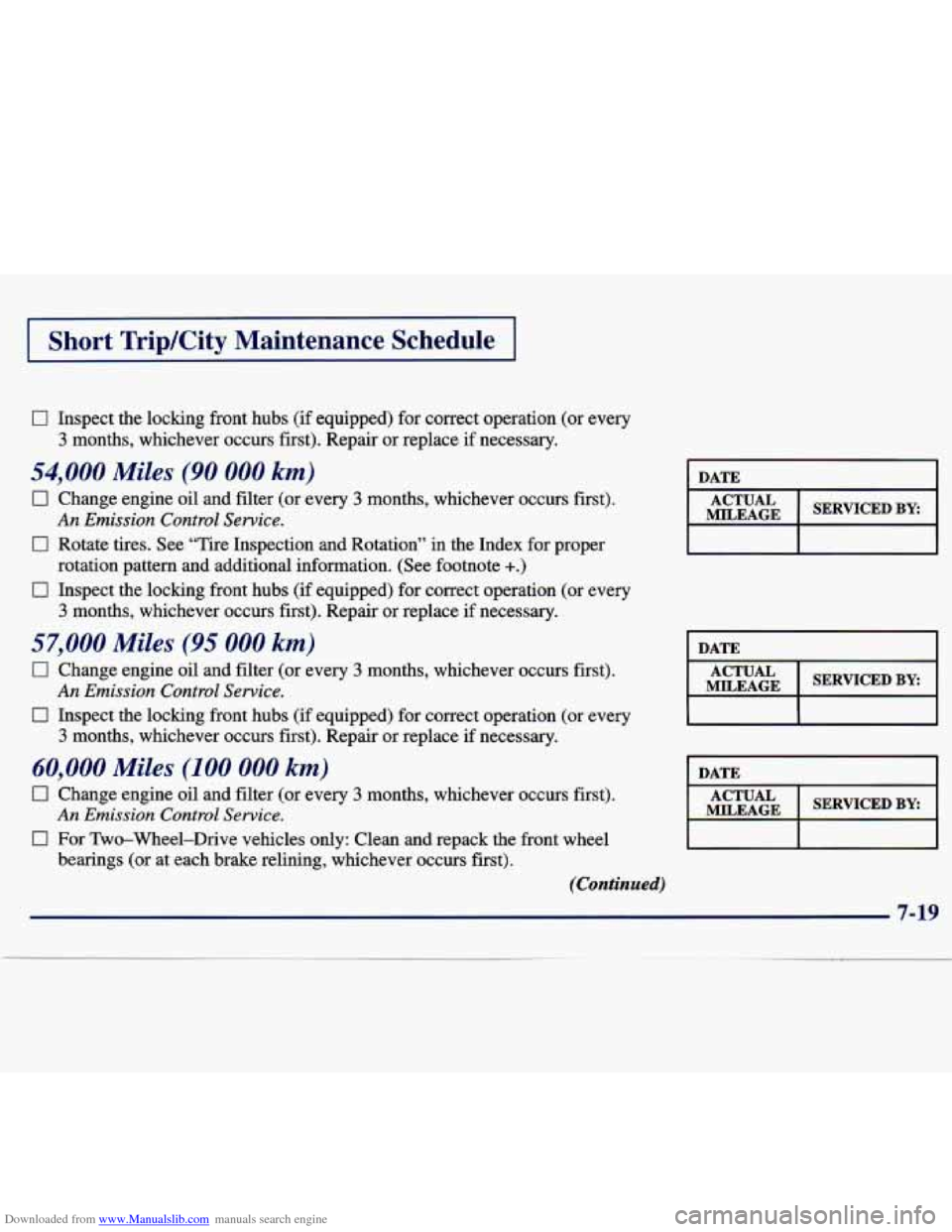 CHEVROLET TRACKER 1998 1.G Owners Manual Downloaded from www.Manualslib.com manuals search engine I Short Trip/City Maintenance Schedule I
0 Inspect the locking front hubs (if equipped) for correct operation (or every
3 months, w CHEVROLET TRACKER 1998 1.G Owners Manual Downloaded from www.Manualslib.com manuals search engine I Short Trip/City Maintenance Schedule I
0 Inspect the locking front hubs (if equipped) for correct operation (or every
3 months, w