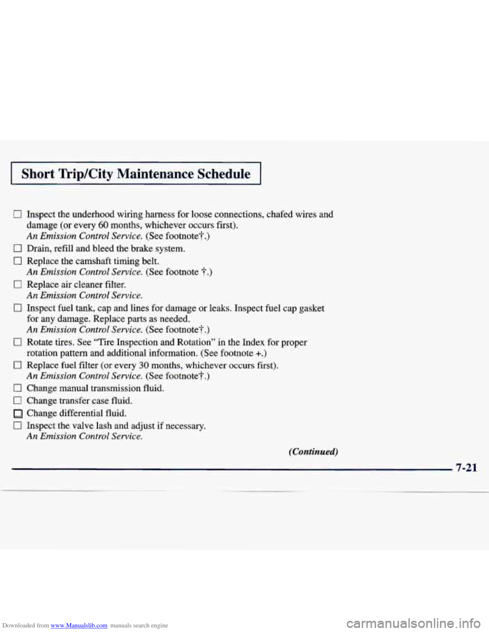 CHEVROLET TRACKER 1998 1.G Owners Manual Downloaded from www.Manualslib.com manuals search engine Short TripKity Maintenance Schedule
17 Inspect the underhood wiring harness for loose connections, chafed wires and
damage (or every CHEVROLET TRACKER 1998 1.G Owners Manual Downloaded from www.Manualslib.com manuals search engine Short TripKity Maintenance Schedule
17 Inspect the underhood wiring harness for loose connections, chafed wires and
damage (or every