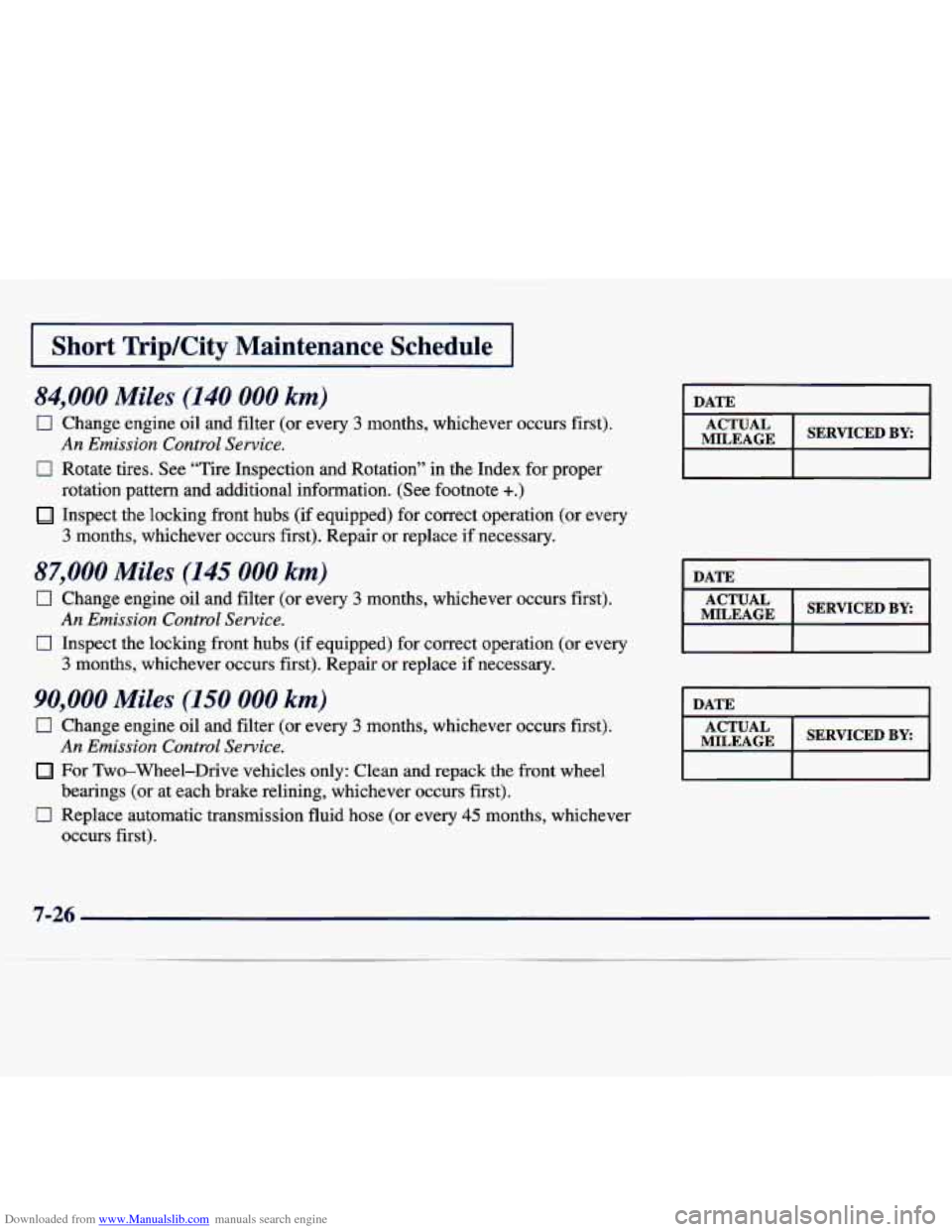 CHEVROLET TRACKER 1998 1.G Owners Manual Downloaded from www.Manualslib.com manuals search engine I Short Trip/City Maintenance Schedule I
84,000 Miles (I40 000 km)
0 Change engine oil and filter (or every 3 months, whichever oc CHEVROLET TRACKER 1998 1.G Owners Manual Downloaded from www.Manualslib.com manuals search engine I Short Trip/City Maintenance Schedule I
84,000 Miles (I40 000 km)
0 Change engine oil and filter (or every 3 months, whichever oc