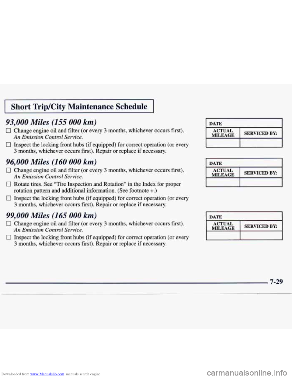 CHEVROLET TRACKER 1998 1.G Owners Manual Downloaded from www.Manualslib.com manuals search engine I Short  TripKity  Maintenance  Schedule I 
93,000 Miles (155 000 km) 
0 Change  engine oil and  filter  (or  every 3 months,  whichever  occur