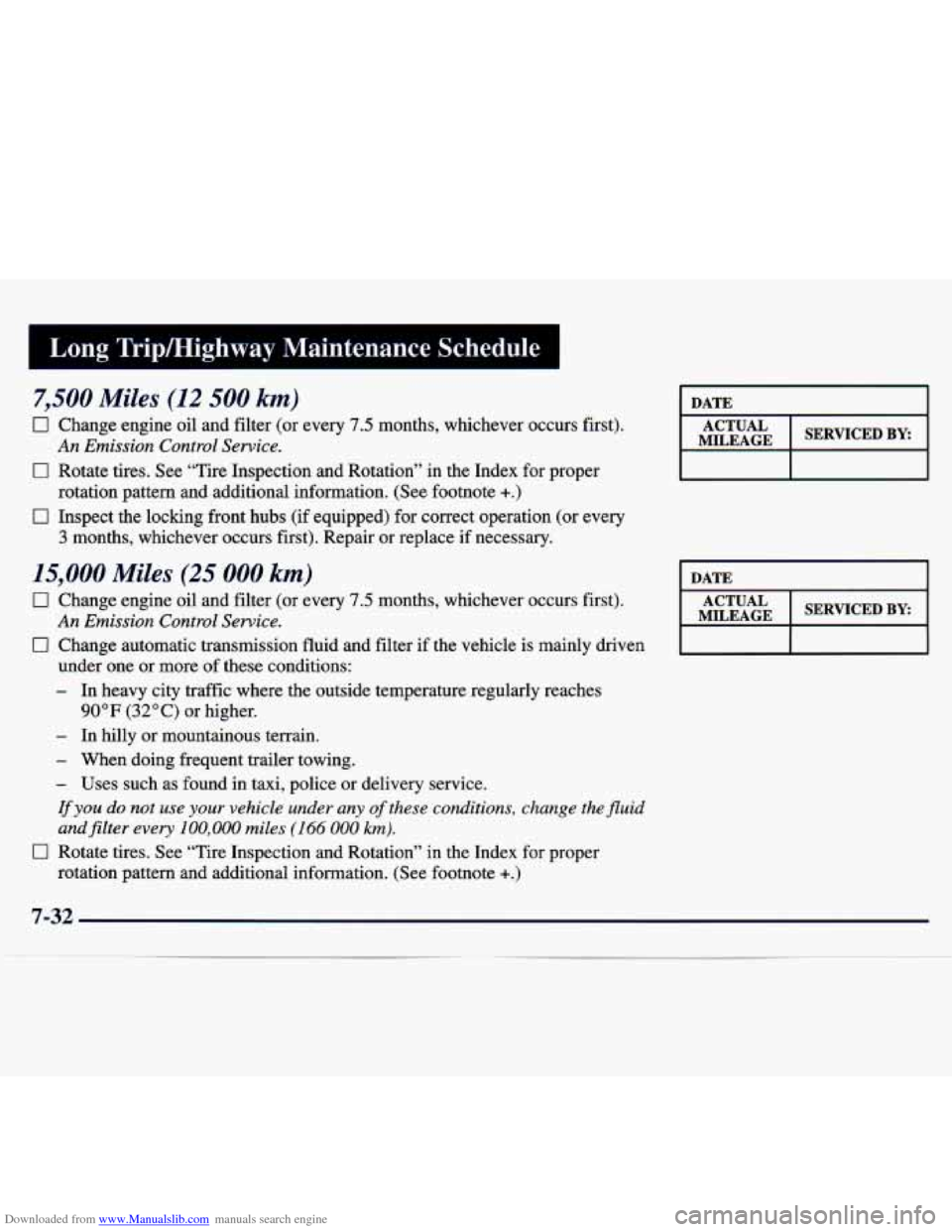 CHEVROLET TRACKER 1998 1.G Owners Manual Downloaded from www.Manualslib.com manuals search engine Long  Trip/Highway  Maintenance  Schedule 
7,500 Miles (I2  500 km) 
0 Change  engine oil and  filter  (or  every 7.5 months,  whichever  occur