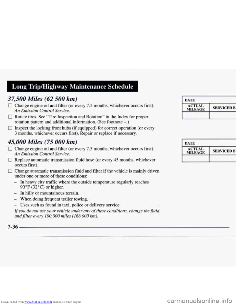 CHEVROLET TRACKER 1998 1.G Owners Manual Downloaded from www.Manualslib.com manuals search engine Long  TripMighway  Maintenance Schedule 
37,500 Miles (62 500 km) 
0 Change  engine  oil  and  filter  (or  every 7.5 months,  whichever  occur