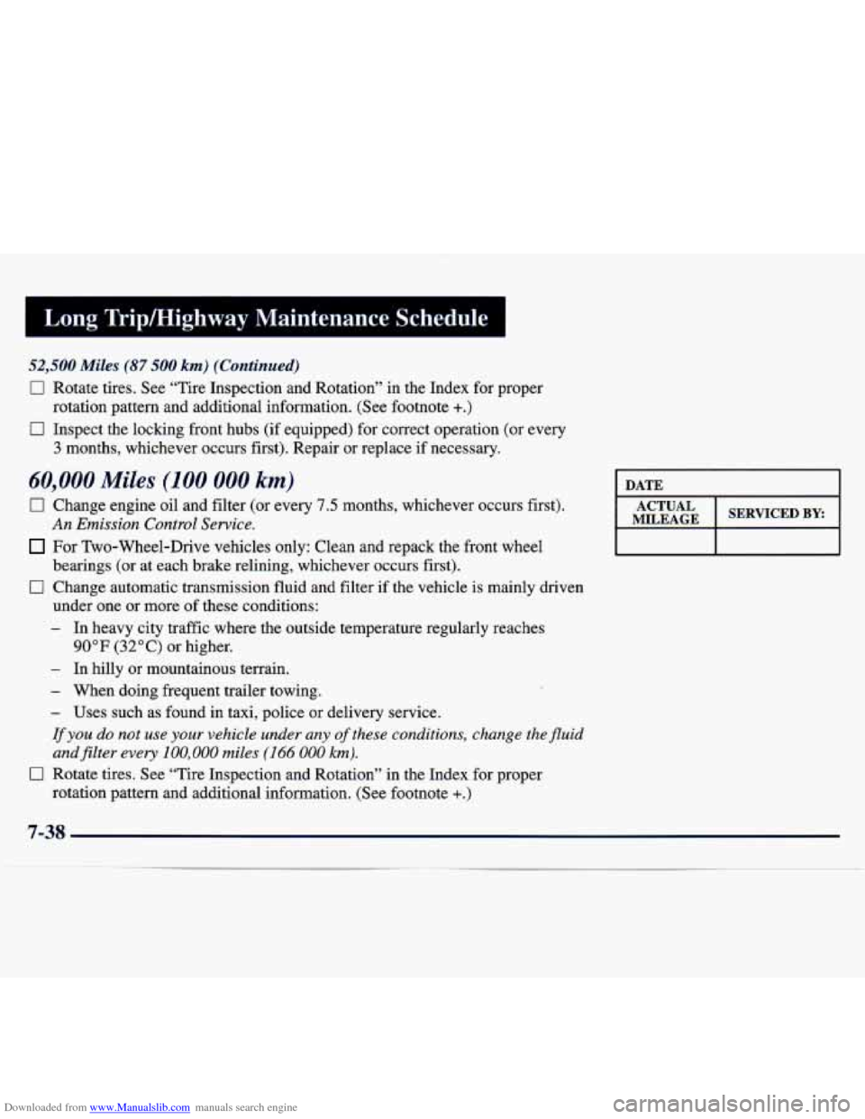 CHEVROLET TRACKER 1998 1.G Owners Manual Downloaded from www.Manualslib.com manuals search engine 52,500 Miles (87 500 km) (Continued)
0 Rotate tires. See “Tire Inspection and Rotation” in the I\
ndex for proper
0 Inspect t CHEVROLET TRACKER 1998 1.G Owners Manual Downloaded from www.Manualslib.com manuals search engine 52,500 Miles (87 500 km) (Continued)
0 Rotate tires. See “Tire Inspection and Rotation” in the I\
ndex for proper
0 Inspect t