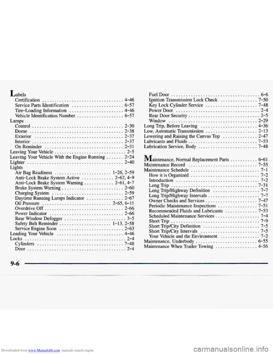 CHEVROLET TRACKER 1998 1.G Owners Manual Downloaded from www.Manualslib.com manuals search engine Labels Certification 
................................. 4-46 
Service  Parts  Identification 
..................... 6-57 
Tire-Loading  Informa