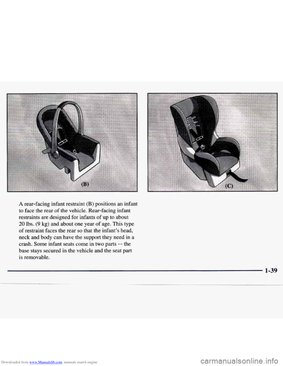 CHEVROLET TRACKER 1998 1.G Service Manual Downloaded from www.Manualslib.com manuals search engine . .. . 
A rear-facing  infant  restraint (B) positions  an infant 
to  face  the rear 
of the  vehicle.  Rear-facing  infant 
restraints  are  
