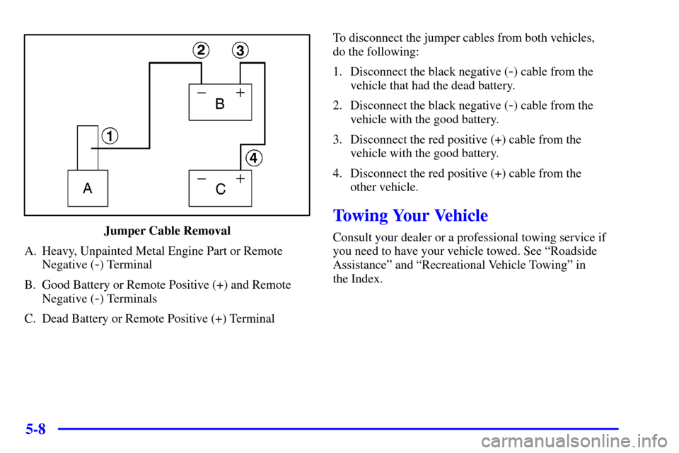 CHEVROLET TRAIL BLAZER 2002 1.G Owners Manual 5-8
Jumper Cable Removal
A. Heavy, Unpainted Metal Engine Part or Remote
Negative (
-) Terminal
B. Good Battery or Remote Positive (+) and Remote
Negative (
-) Terminals
C. Dead Battery or Remote Posi