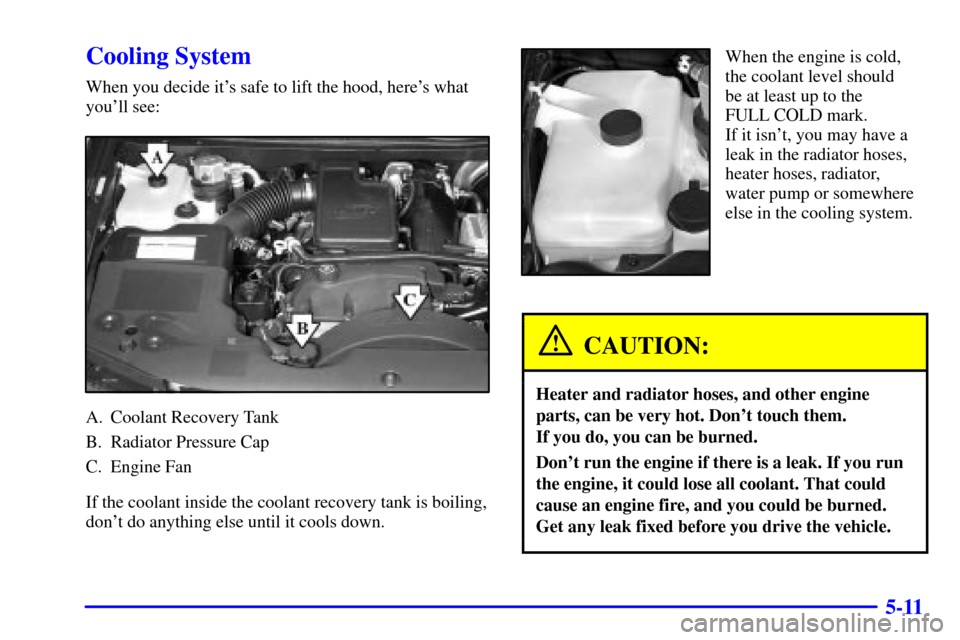 CHEVROLET TRAIL BLAZER 2002 1.G Owners Manual 5-11
Cooling System
When you decide its safe to lift the hood, heres what
youll see:
A. Coolant Recovery Tank
B. Radiator Pressure Cap
C. Engine Fan
If the coolant inside the coolant recovery tank 