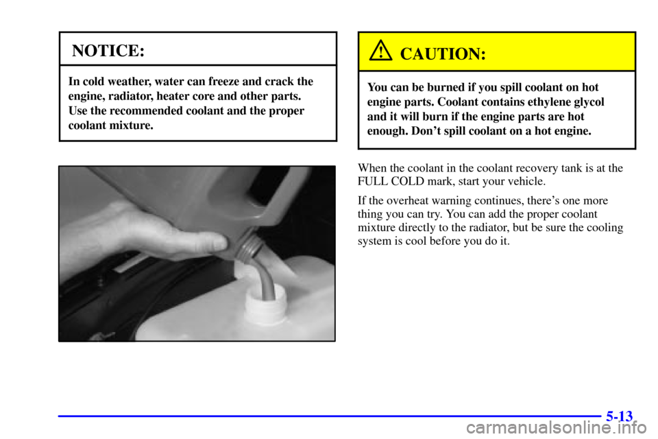 CHEVROLET TRAIL BLAZER 2002 1.G Owners Manual 5-13
NOTICE:
In cold weather, water can freeze and crack the
engine, radiator, heater core and other parts. 
Use the recommended coolant and the proper
coolant mixture.
CAUTION:
You can be burned if y