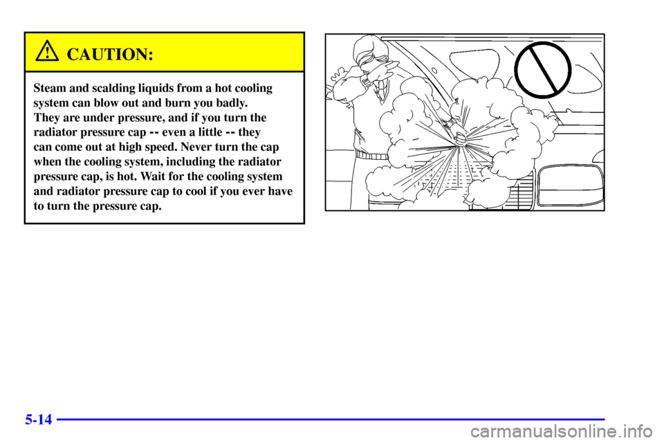 CHEVROLET TRAIL BLAZER 2002 1.G Owners Manual 5-14
CAUTION:
Steam and scalding liquids from a hot cooling
system can blow out and burn you badly. 
They are under pressure, and if you turn the
radiator pressure cap 
-- even a little -- they 
can c