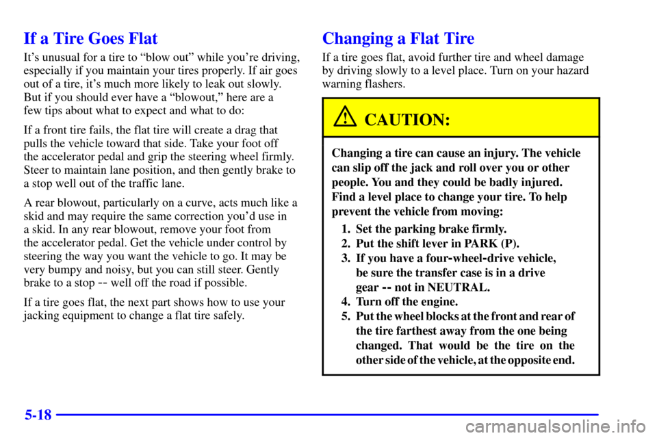 CHEVROLET TRAIL BLAZER 2002 1.G Owners Manual 5-18
If a Tire Goes Flat
Its unusual for a tire to ªblow outº while youre driving,
especially if you maintain your tires properly. If air goes
out of a tire, its much more likely to leak out slow