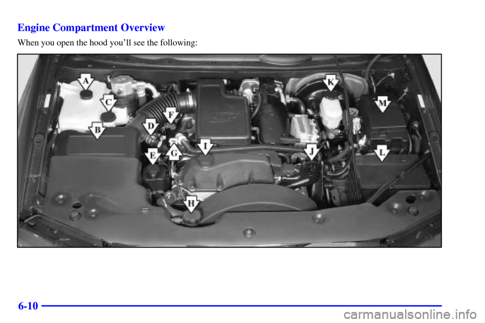 CHEVROLET TRAIL BLAZER 2002 1.G Owners Manual 6-10 Engine Compartment Overview
When you open the hood youll see the following: 