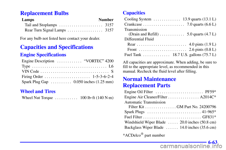 CHEVROLET TRAIL BLAZER 2002 1.G Owners Manual 6-63
Replacement Bulbs
Lamps Number
Tail and Stoplamps 3157. . . . . . . . . . . . . . . . . . . . . 
Rear Turn Signal Lamps 3157. . . . . . . . . . . . . . . . . 
For any bulb not listed here contact