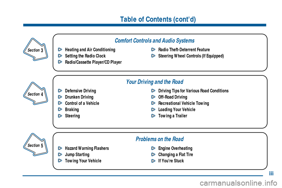 CHEVROLET TRAIL BLAZER 2002 1.G Owners Manual Comfort Controls and Audio Systems
Your Driving and the Road
Table of Contents (contd)
Defensive Driving
Drunken Driving
Control of a Vehicle
Braking
SteeringDriving Tips for Various Road Conditions
