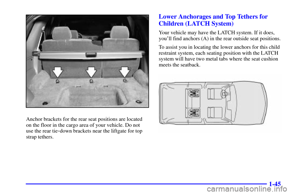 CHEVROLET TRAIL BLAZER 2002 1.G Workshop Manual 1-45
Anchor brackets for the rear seat positions are located
on the floor in the cargo area of your vehicle. Do not
use the rear tie
-down brackets near the liftgate for top
strap tethers.
Lower Anch CHEVROLET TRAIL BLAZER 2002 1.G Workshop Manual 1-45
Anchor brackets for the rear seat positions are located
on the floor in the cargo area of your vehicle. Do not
use the rear tie
-down brackets near the liftgate for top
strap tethers.
Lower Anch