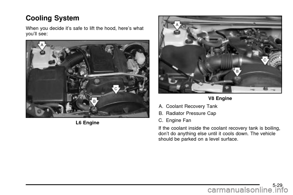 CHEVROLET TRAIL BLAZER 2003 1.G Owners Manual Cooling System
When you decide its safe to lift the hood, heres what
youll see:
A. Coolant Recovery Tank
B. Radiator Pressure Cap
C. Engine Fan
If the coolant inside the coolant recovery tank is bo CHEVROLET TRAIL BLAZER 2003 1.G Owners Manual Cooling System
When you decide its safe to lift the hood, heres what
youll see:
A. Coolant Recovery Tank
B. Radiator Pressure Cap
C. Engine Fan
If the coolant inside the coolant recovery tank is bo