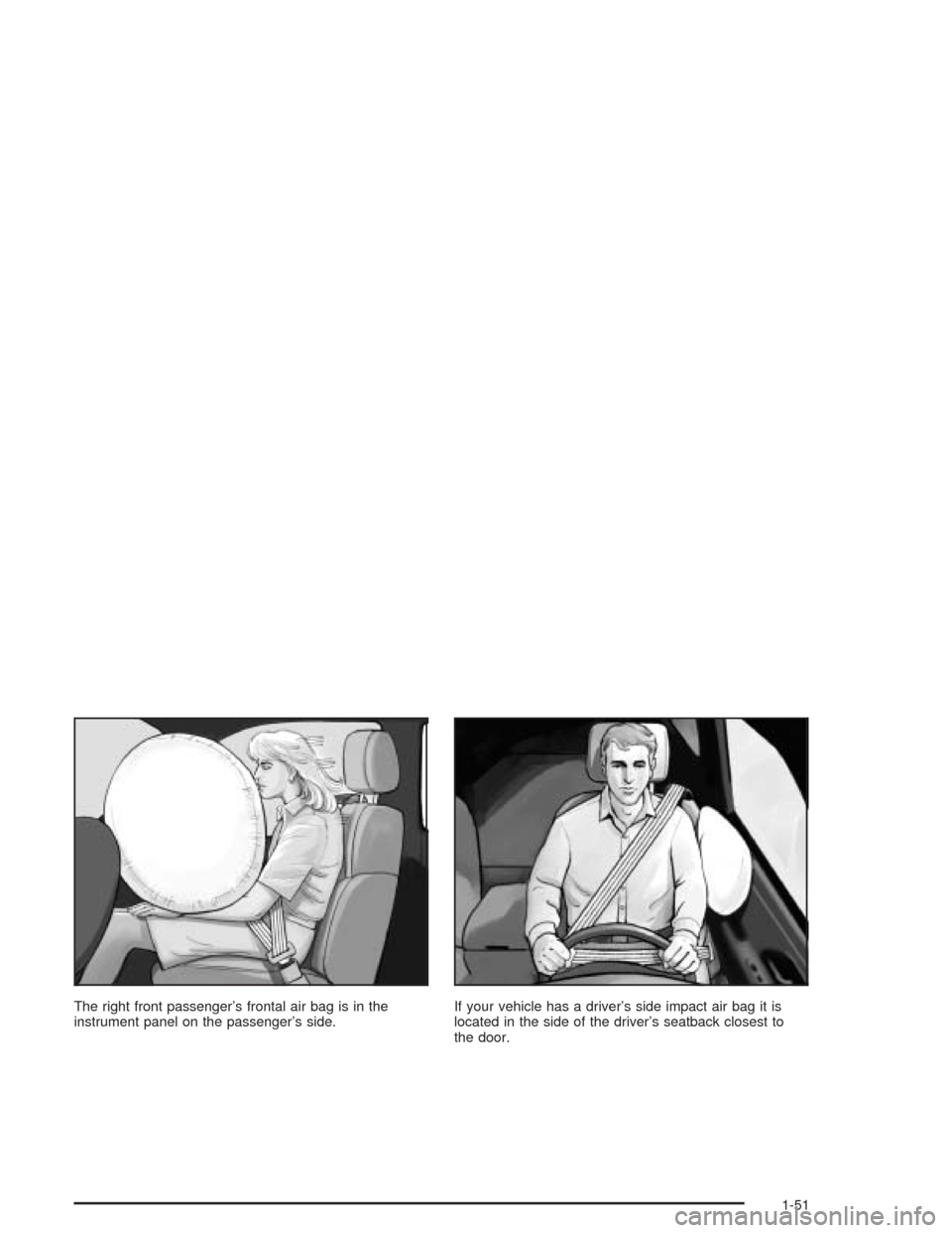 CHEVROLET TRAIL BLAZER 2004 1.G Workshop Manual The right front passenger’s frontal air bag is in the
instrument panel on the passenger’s side.If your vehicle has a driver’s side impact air bag it is
located in the side of the driver’s seat