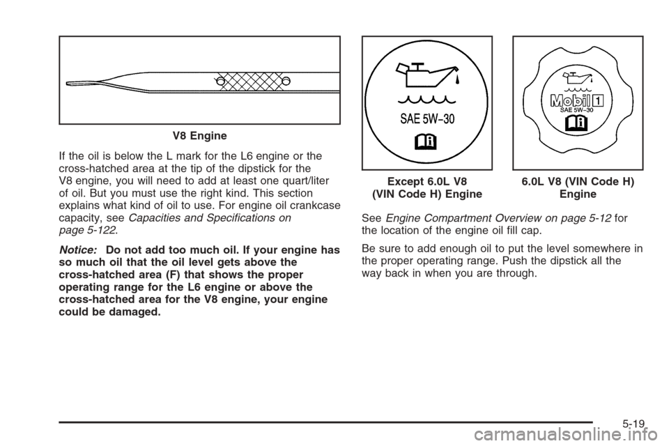CHEVROLET TRAIL BLAZER 2006 1.G Owners Manual If the oil is below the L mark for the L6 engine or the
cross-hatched area at the tip of the dipstick for the
V8 engine, you will need to add at least one quart/liter
of oil. But you must use the righ