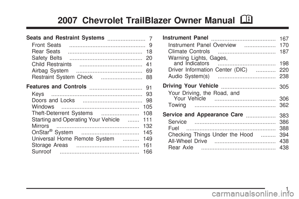 CHEVROLET TRAIL BLAZER 2007 1.G Owners Manual Seats and Restraint Systems
....................... 7
Front Seats
.............................................. 9
Rear Seats
............................................. 18
Safety Belts
............