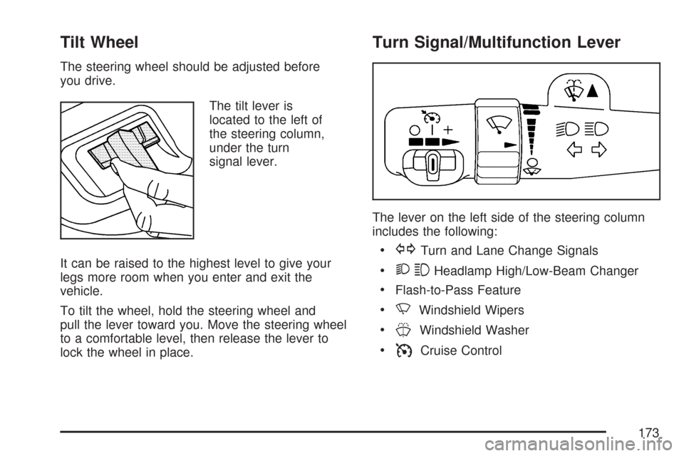 CHEVROLET TRAIL BLAZER 2007 1.G Owners Manual Tilt Wheel
The steering wheel should be adjusted before
you drive.
The tilt lever is
located to the left of
the steering column,
under the turn
signal lever.
It can be raised to the highest level to g