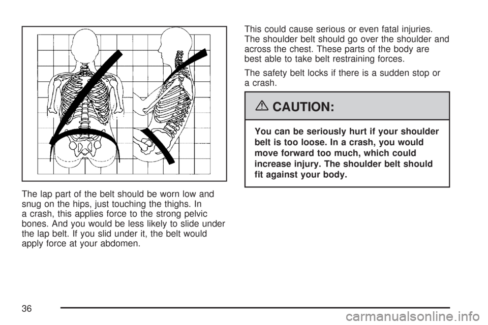 CHEVROLET TRAIL BLAZER 2007 1.G Owners Guide The lap part of the belt should be worn low and
snug on the hips, just touching the thighs. In
a crash, this applies force to the strong pelvic
bones. And you would be less likely to slide under
the l