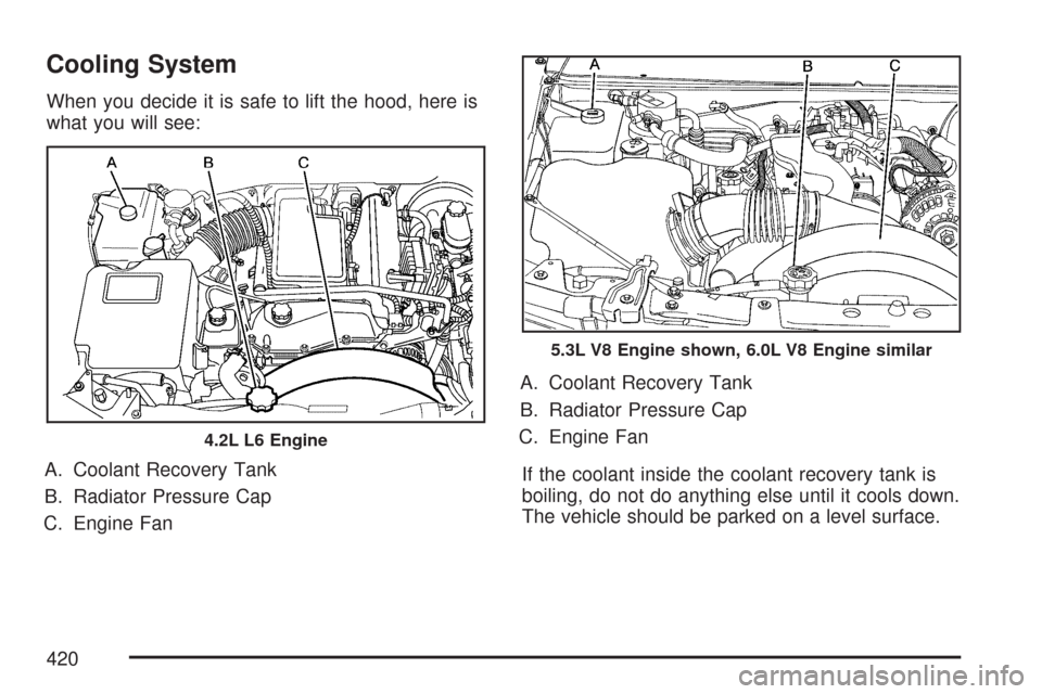 CHEVROLET TRAIL BLAZER 2007 1.G Owners Manual Cooling System
When you decide it is safe to lift the hood, here is
what you will see:
A. Coolant Recovery Tank
B. Radiator Pressure Cap
C. Engine FanA. Coolant Recovery Tank
B. Radiator Pressure Cap
