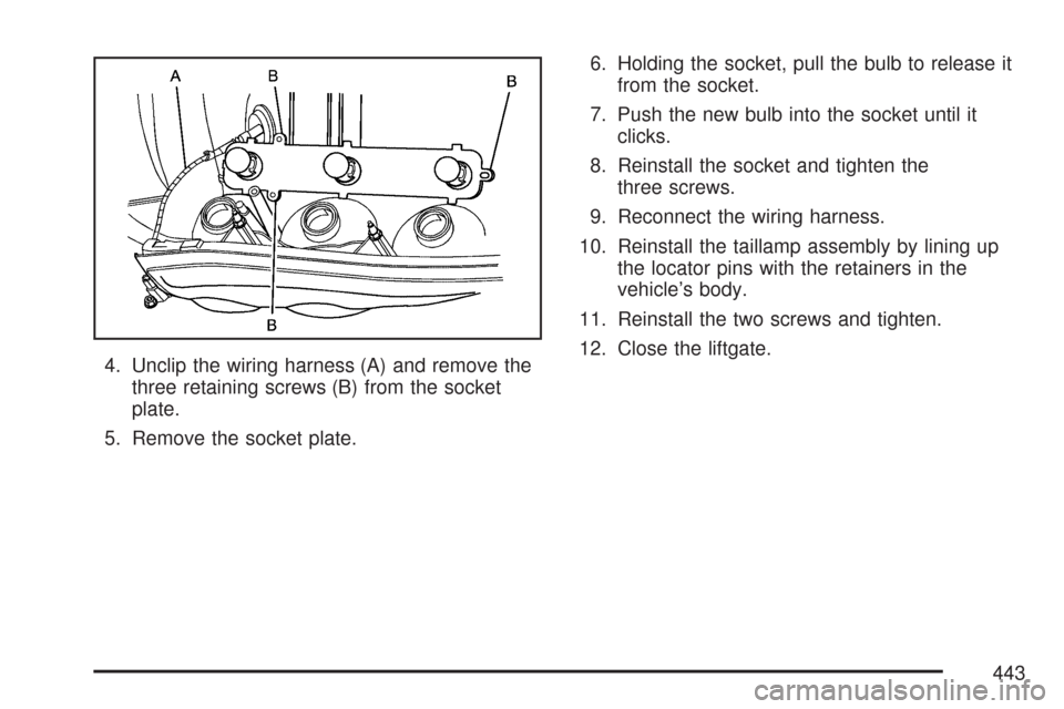 CHEVROLET TRAIL BLAZER 2007 1.G Owners Manual 4. Unclip the wiring harness (A) and remove the
three retaining screws (B) from the socket
plate.
5. Remove the socket plate.6. Holding the socket, pull the bulb to release it
from the socket.
7. Push