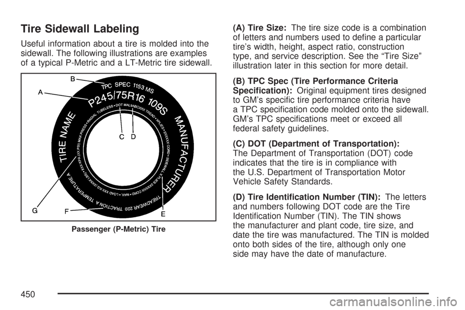 CHEVROLET TRAIL BLAZER 2007 1.G Owners Manual Tire Sidewall Labeling
Useful information about a tire is molded into the
sidewall. The following illustrations are examples
of a typical P-Metric and a LT-Metric tire sidewall.(A) Tire Size:The tire 