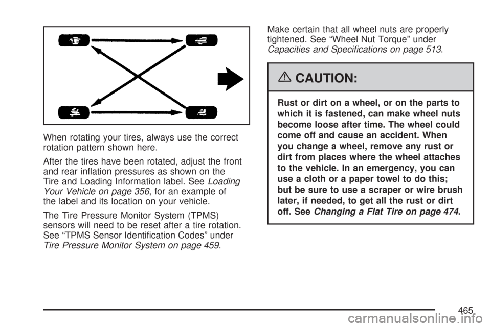 CHEVROLET TRAIL BLAZER 2007 1.G Owners Manual When rotating your tires, always use the correct
rotation pattern shown here.
After the tires have been rotated, adjust the front
and rear in�ation pressures as shown on the
Tire and Loading Informati