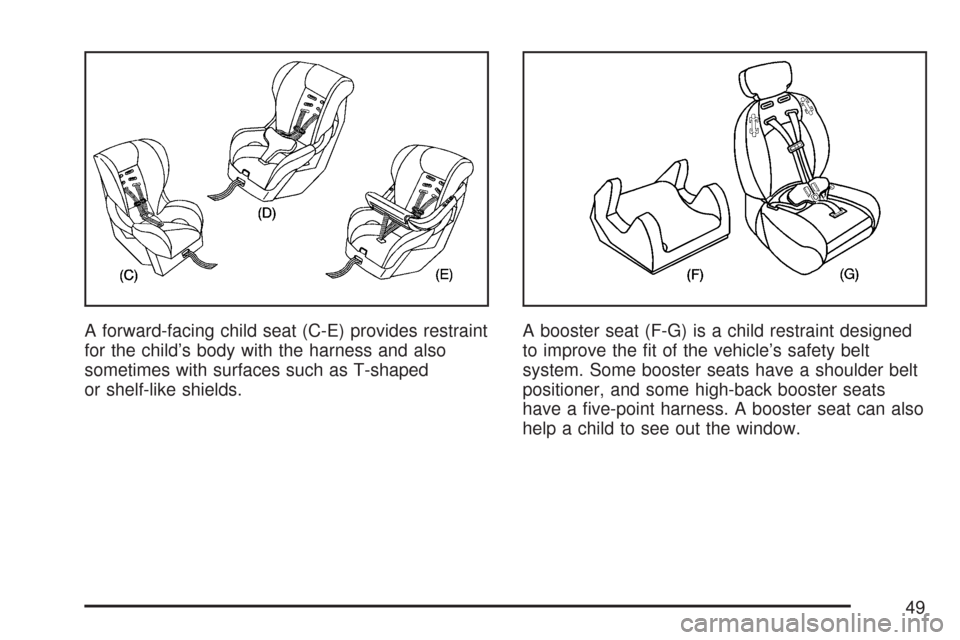 CHEVROLET TRAIL BLAZER 2007 1.G Service Manual A forward-facing child seat (C-E) provides restraint
for the child’s body with the harness and also
sometimes with surfaces such as T-shaped
or shelf-like shields.A booster seat (F-G) is a child res