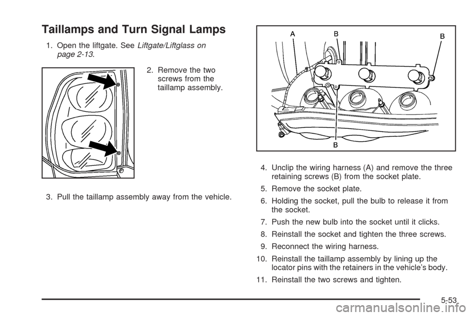 CHEVROLET TRAIL BLAZER 2009 1.G Owners Manual Taillamps and Turn Signal Lamps
1. Open the liftgate. SeeLiftgate/Liftglass on
page 2-13.
2. Remove the two
screws from the
taillamp assembly.
3. Pull the taillamp assembly away from the vehicle.4. Un