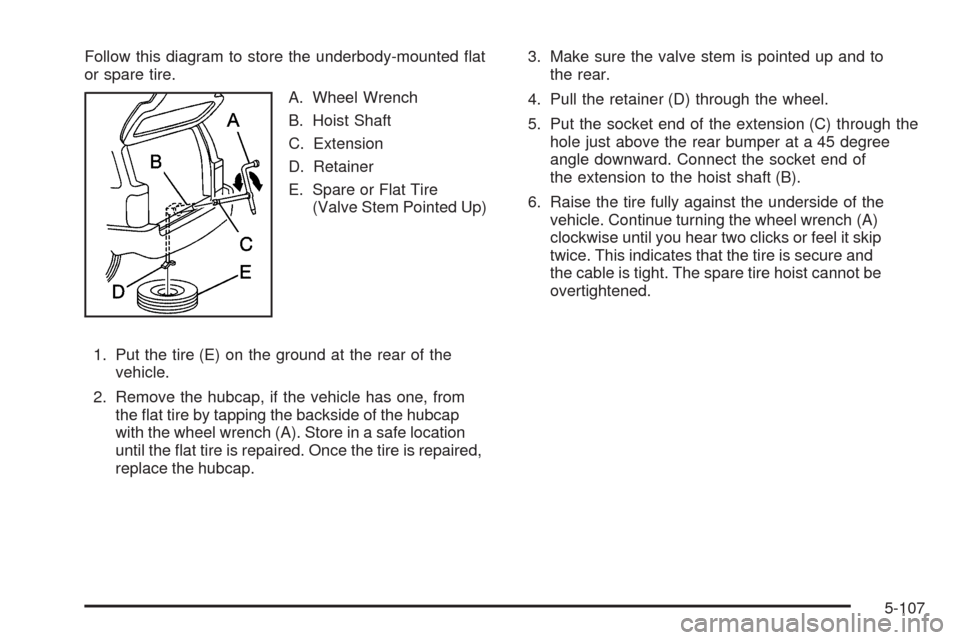 CHEVROLET TRAIL BLAZER 2009 1.G Owners Manual Follow this diagram to store the underbody-mounted �at
or spare tire.
A. Wheel Wrench
B. Hoist Shaft
C. Extension
D. Retainer
E. Spare or Flat Tire
(Valve Stem Pointed Up)
1. Put the tire (E) on the g