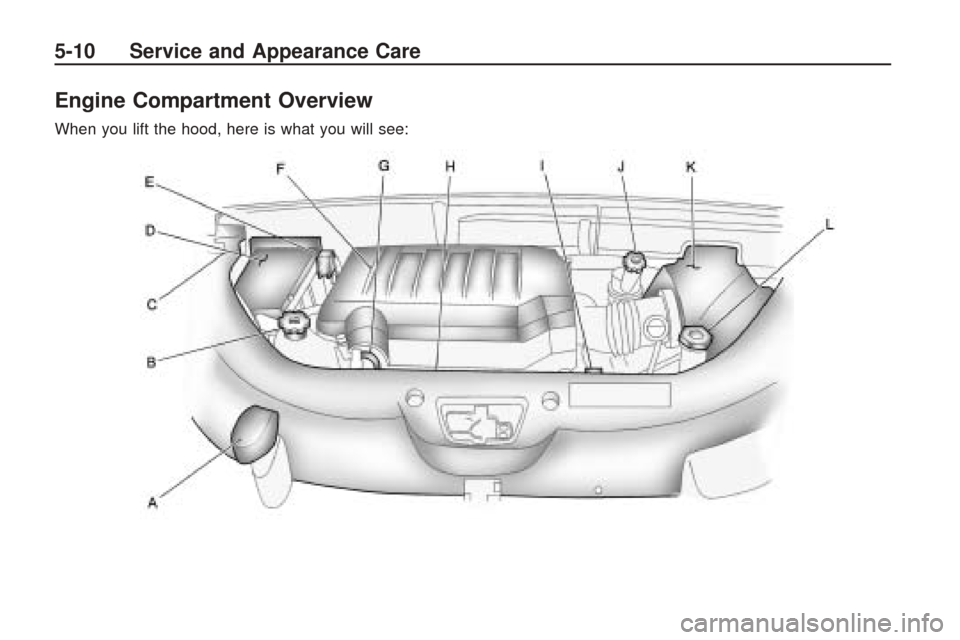 CHEVROLET TRAVERSE 2009 1.G Owners Manual Engine Compartment Overview
When you lift the hood, here is what you will see:
5-10 Service and Appearance Care CHEVROLET TRAVERSE 2009 1.G Owners Manual Engine Compartment Overview
When you lift the hood, here is what you will see:
5-10 Service and Appearance Care