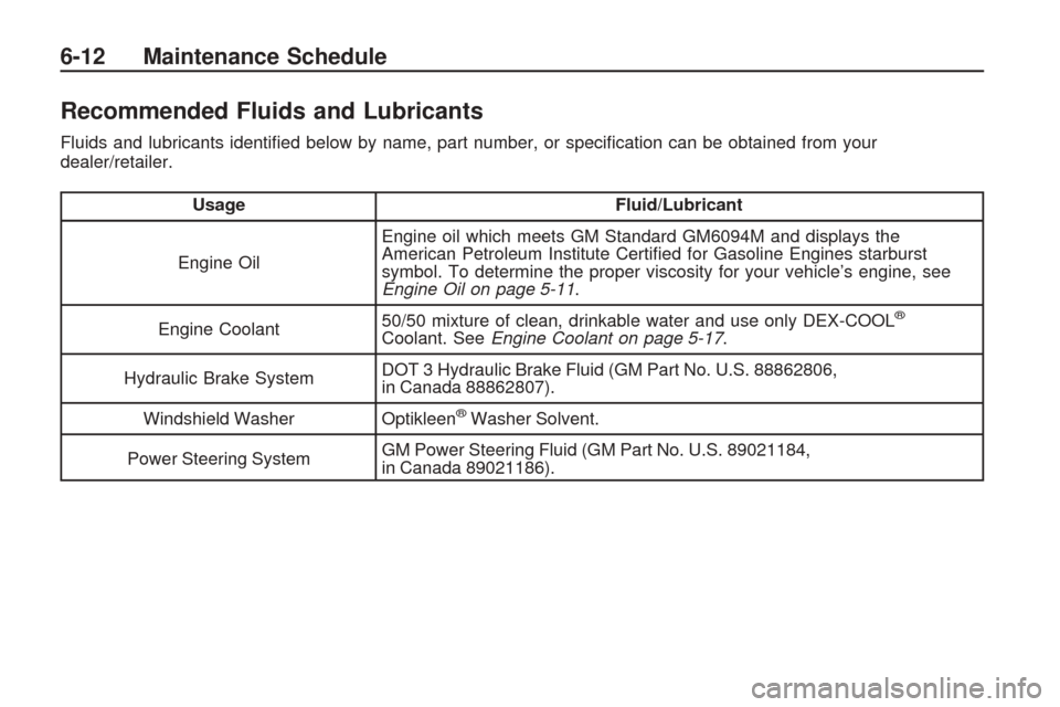 CHEVROLET TRAVERSE 2009 1.G Owners Guide Recommended Fluids and Lubricants
Fluids and lubricants identi�ed below by name, part number, or speci�cation can be obtained from your
dealer/retailer.
UsageFluid/Lubricant
Engine Oil Engine oil whic