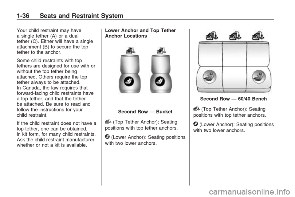 CHEVROLET TRAVERSE 2009 1.G Owners Guide Your child restraint may have
a single tether (A) or a dual
tether (C). Either will have a single
attachment (B) to secure the top
tether to the anchor.
Some child restraints with top
tethers are desi CHEVROLET TRAVERSE 2009 1.G Owners Guide Your child restraint may have
a single tether (A) or a dual
tether (C). Either will have a single
attachment (B) to secure the top
tether to the anchor.
Some child restraints with top
tethers are desi