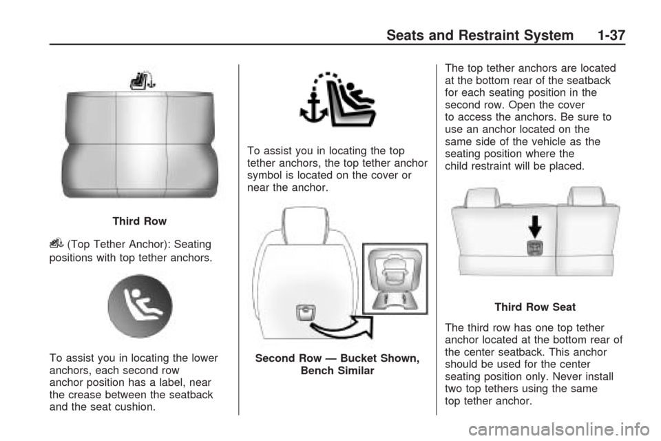 CHEVROLET TRAVERSE 2009 1.G Service Manual i(Top Tether Anchor): Seating
positions with top tether anchors.
To assist you in locating the lower
anchors, each second row
anchor position has a label, near
the crease between the seatback
and the CHEVROLET TRAVERSE 2009 1.G Service Manual i(Top Tether Anchor): Seating
positions with top tether anchors.
To assist you in locating the lower
anchors, each second row
anchor position has a label, near
the crease between the seatback
and the