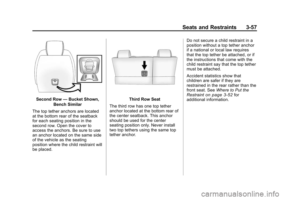 CHEVROLET TRAVERSE 2010 1.G Owners Manual Seats and Restraints 3-57
Second Row—Bucket Shown,
Bench Similar
The top tether anchors are located
at the bottom rear of the seatback
for each seating position in the
second row. Open the cover to
