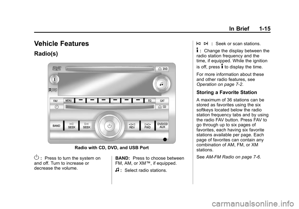 CHEVROLET TRAVERSE 2010 1.G Owners Manual In Brief 1-15
Vehicle Features
Radio(s)
Radio with CD, DVD, and USB Port
O:Press to turn the system on
and off. Turn to increase or
decrease the volume. BAND:
Press to choose between
FM, AM, or XM™, CHEVROLET TRAVERSE 2010 1.G Owners Manual In Brief 1-15
Vehicle Features
Radio(s)
Radio with CD, DVD, and USB Port
O:Press to turn the system on
and off. Turn to increase or
decrease the volume. BAND:
Press to choose between
FM, AM, or XM™,