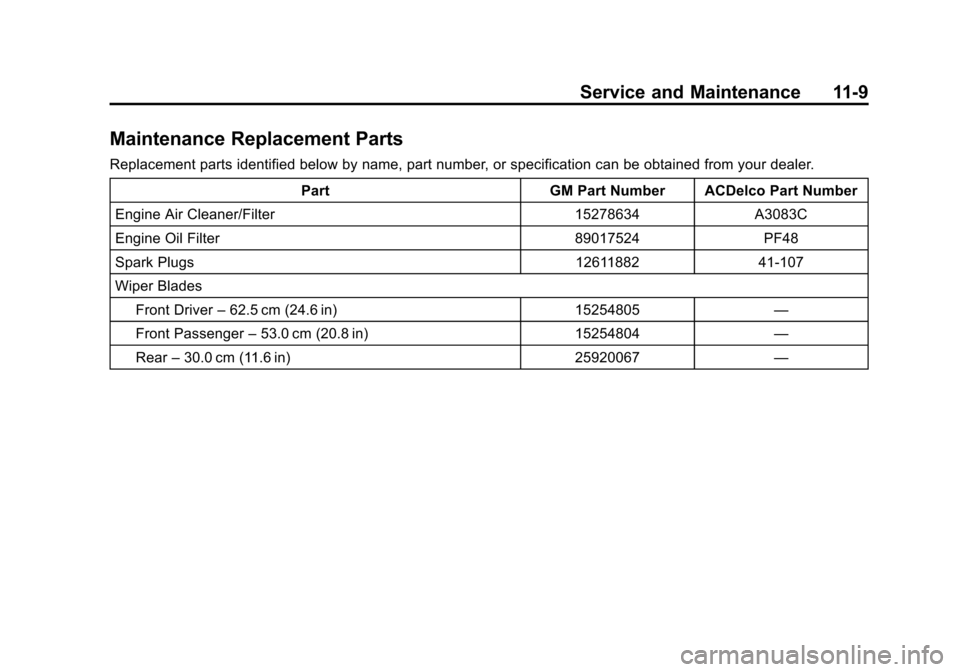 CHEVROLET TRAVERSE 2010 1.G Owners Manual Service and Maintenance 11-9
Maintenance Replacement Parts
Replacement parts identified below by name, part number, or specification can be obtained from your dealer.Part GM Part Number ACDelco Part N