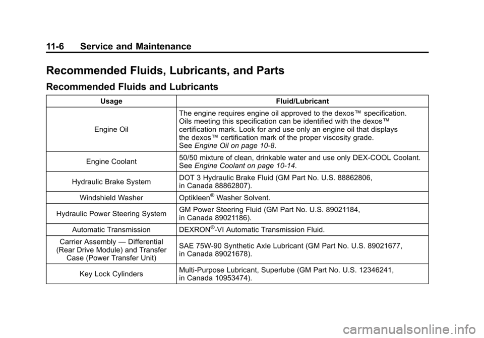 CHEVROLET TRAVERSE 2011 1.G Owners Manual Black plate (6,1)Chevrolet Traverse Owner Manual - 2011
11-6 Service and Maintenance
Recommended Fluids, Lubricants, and Parts
Recommended Fluids and Lubricants
UsageFluid/Lubricant
Engine Oil The eng