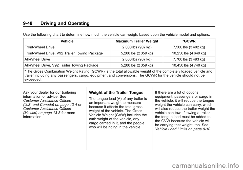 CHEVROLET TRAVERSE 2012 1.G Owners Manual Black plate (48,1)Chevrolet Traverse Owner Manual - 2012
9-48 Driving and Operating
Use the following chart to determine how much the vehicle can weigh, based upon the vehicle model and options.Vehicl CHEVROLET TRAVERSE 2012 1.G Owners Manual Black plate (48,1)Chevrolet Traverse Owner Manual - 2012
9-48 Driving and Operating
Use the following chart to determine how much the vehicle can weigh, based upon the vehicle model and options.Vehicl