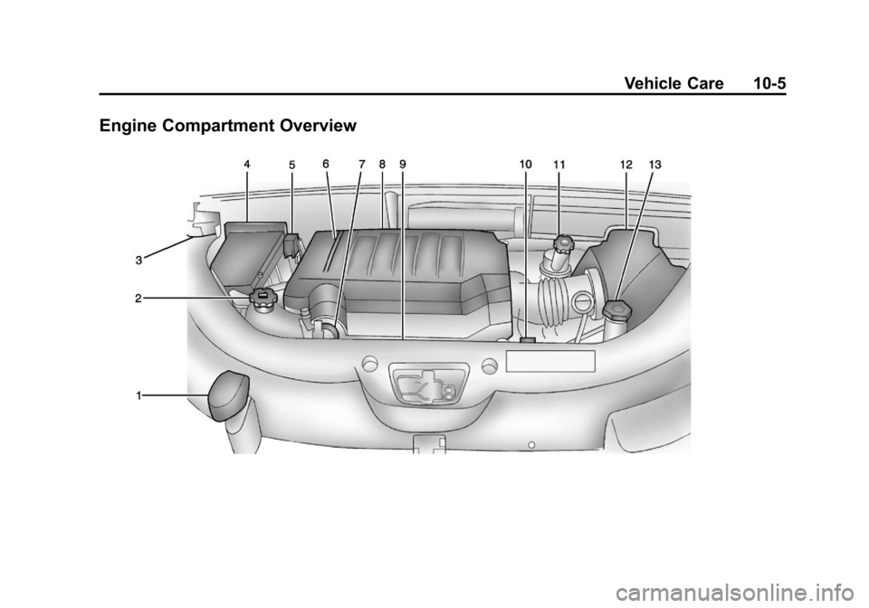 CHEVROLET TRAVERSE 2013 1.G Owners Manual Black plate (5,1)Chevrolet Traverse Owner Manual - 2013 - CRC 2nd Edition - 11/13/12
Vehicle Care 10-5
Engine Compartment Overview CHEVROLET TRAVERSE 2013 1.G Owners Manual Black plate (5,1)Chevrolet Traverse Owner Manual - 2013 - CRC 2nd Edition - 11/13/12
Vehicle Care 10-5
Engine Compartment Overview